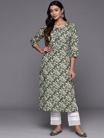 Varanga Women Green Floral Printed Straight Kurta  With Three Quarter Sleeves